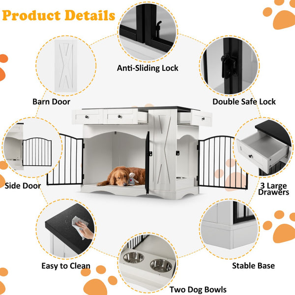 English Elm Go Farmhouse White Wood Dog Crate End Table with Three Drawers and Iron Door Panels N704P338959K