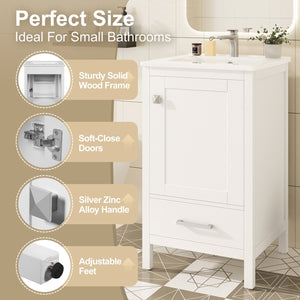 English Elm 20-Inch Compact Bathroom Vanity with Ceramic Sink, Soft-Close Storage, Divider Drawer & Easy Plumbing Access White N729P334847K