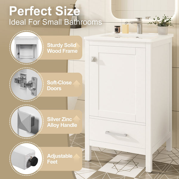 English Elm 20-Inch Compact Bathroom Vanity with Ceramic Sink, Soft-Close Storage, Divider Drawer & Easy Plumbing Access White N729P334847K