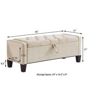 English Elm Ottoman Storage Bench Tufted Linen Upholstered Entryway Seat with Lift Top Shelf Beige W2186P465442