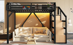 English Elm Twin Metal Loft Bed with Wardrobe Shelves Storage Stairs Led Lighting Usb Ports W1580S00404