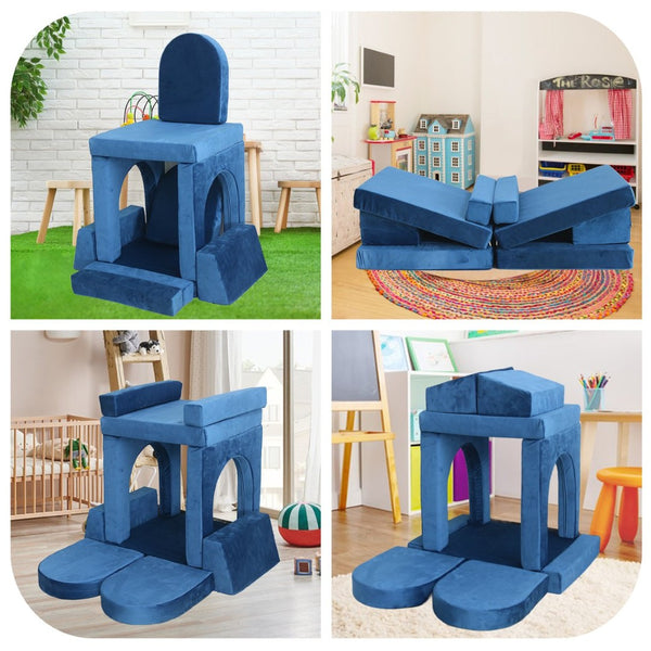 English Elm 12 Piece Modular Foam Play Couch Set Velvet Convertible Sofa Fort for Kids Playroom Blue T5880P493411