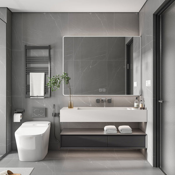 English Elm Aluminium Smart Medicine Cabinet Mirror 35x32 Inch with Defogger, Adjustable LED Lighting & Storage Grey W2700P269440