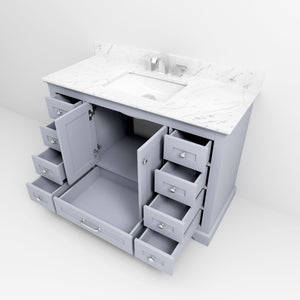 English Elm Dark Grey 48" Single Bath Vanity with Carrara Marble Top, 9 Drawers, Soft-Close, Chrome Faucet Set B2731P258351
