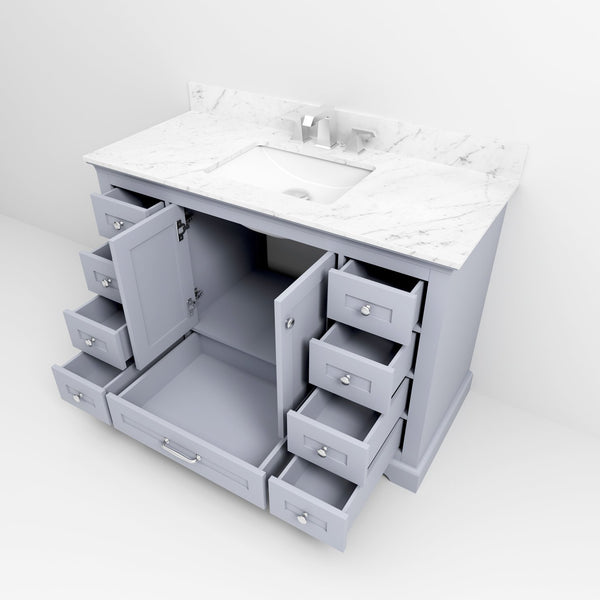 English Elm Dark Grey 48" Single Bath Vanity with Carrara Marble Top, 9 Drawers, Soft-Close, Chrome Faucet Set B2731P258351