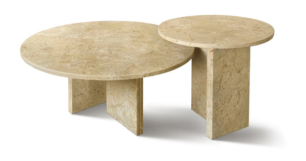 English Elm Glod Marble Coffee Table Set — Yellow Beige Natural Stone Nesting Tables 45cm & 70cm Stylish Pair W1696S00001
