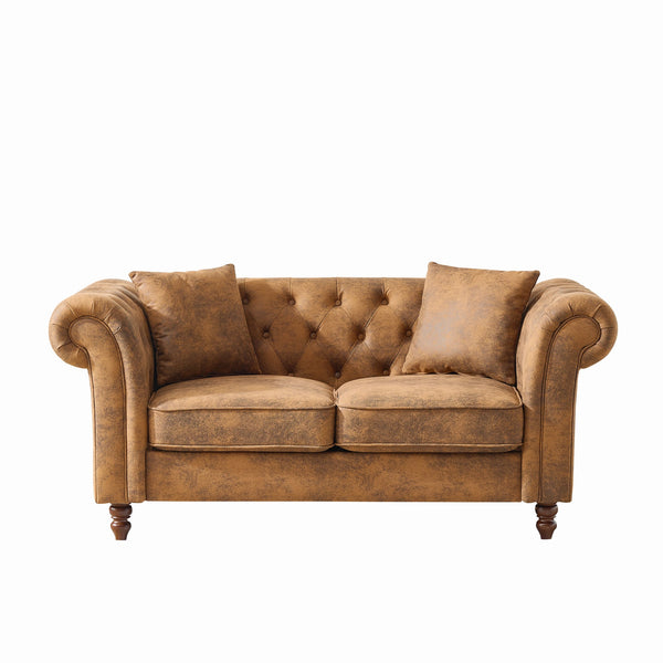 English Elm 66"Chesterfield Tech Fabric Sofa with Roll Armrests, 2-Seater Mid-Century Upholstered Comfort Brown W3373S00004