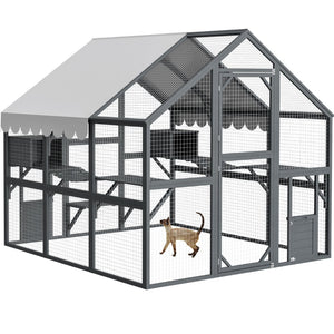 English Elm Extra Large Walk-in Outdoor Cat Enclosure with Oxford Roof Ramps and Dual Resting Huts W1422S00047