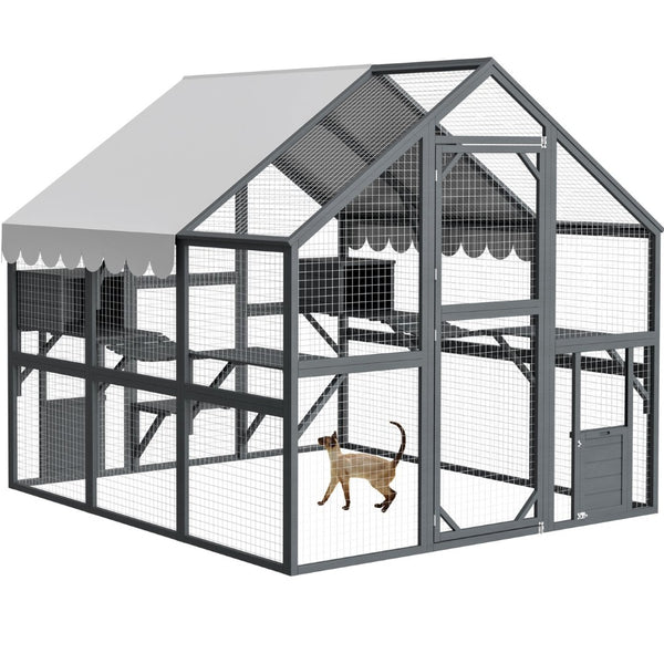 English Elm Extra Large Walk-in Outdoor Cat Enclosure with Oxford Roof Ramps and Dual Resting Huts W1422S00047