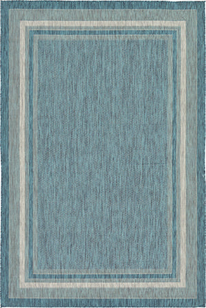 Unique Loom Outdoor Border Soft Border Machine Made Border Rug Teal, Ivory/Gray 6' 1" x 9' 0"