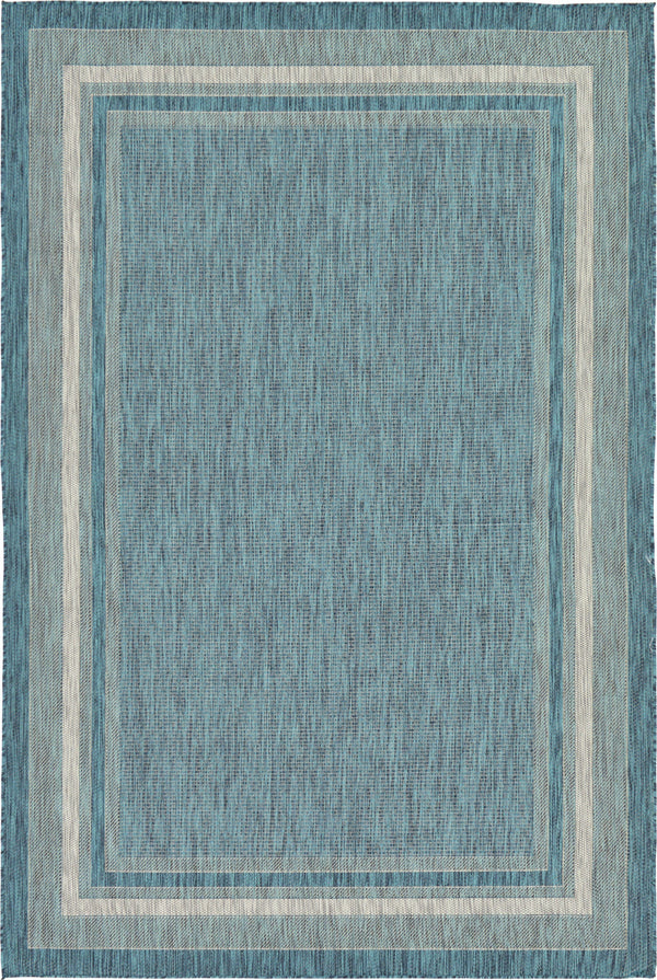 Unique Loom Outdoor Border Soft Border Machine Made Border Rug Teal, Ivory/Gray 6' 1" x 9' 0"