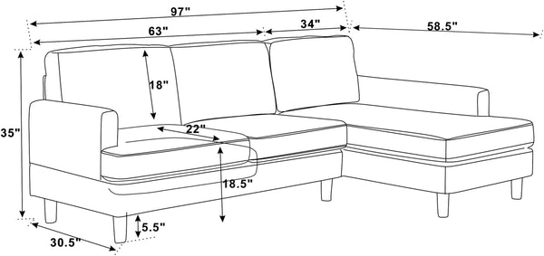 English Elm Prado Plush 97" Wide Sofa & Chaise Sectional with Solid Wood Frame, Corduroy Upholstery Comfort Gray B343S00020