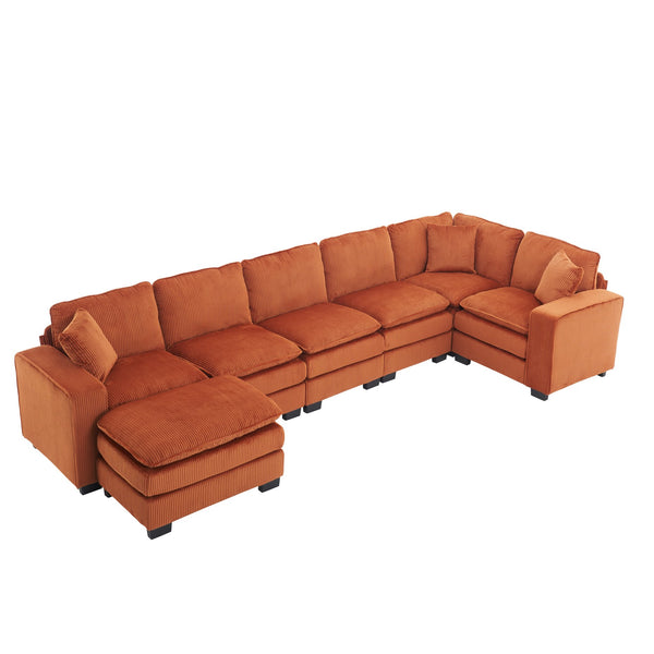 English Elm Modern U Shaped 6-Seat Sectional Sofa with Ottoman and 3 Toss Pillows, Corduroy Modular Comfort and Durable Frame Orange W2363S00043