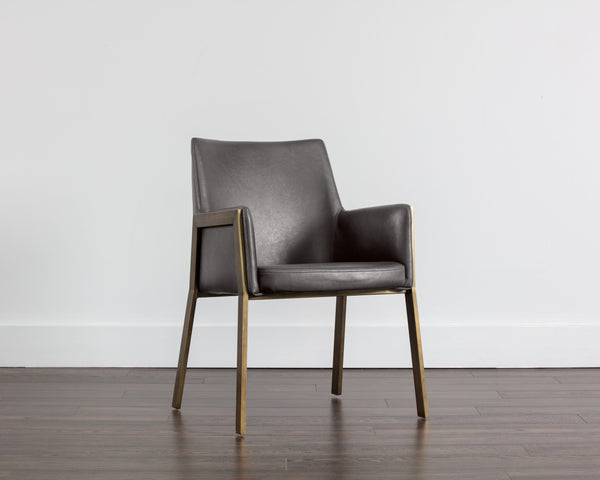 Sunpan Bernadette Dining Armchair – Elegant Design with Antique Brass Frame and Durable Faux Leather Upholstery Kendall Grey