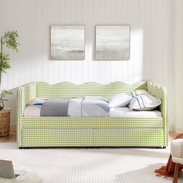 English Elm Full Size Gingham Linen Daybed with Wave Backrest Trundle and Usb Charging Port Green W1413S00147