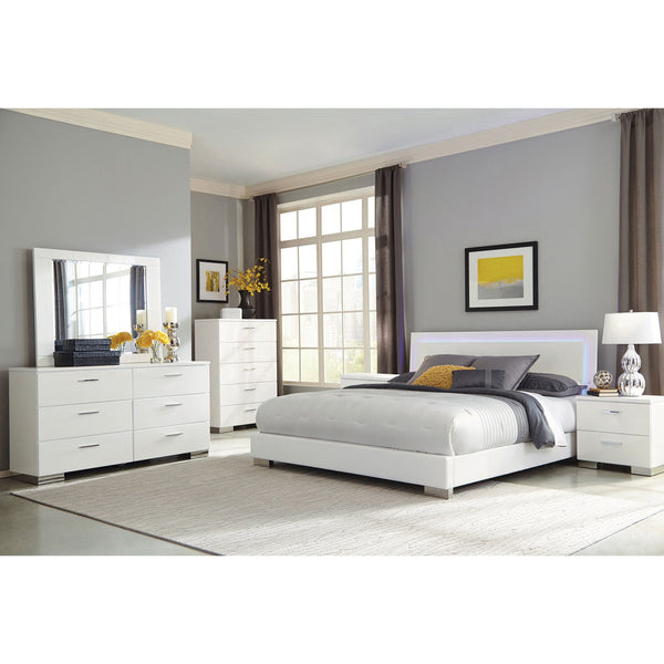 English Elm August Glossy White 6-Piece Bedroom Set - Modern Panel Bed With Led Lights, Chrome Accents & Storage B062S00964