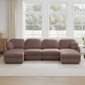 English Elm 137" Oversized U-shaped Chenille Sectional with Ottoman Quilted Cushions for Spacious Living Rose Dust W714S01782