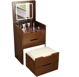 English Elm (60cm)(Walnut) 3-in-1 Lighted Flip-Top Vanity Desk with Glass Top, 3 Drawers & Stool — Compact Chic Storage for Bedroom W2641P224785