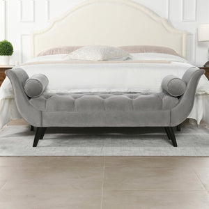 English Elm Alma Velvet Tufted Entryway Bench with Flared Arms and Bolster Pillows Included Gray B2719P238451
