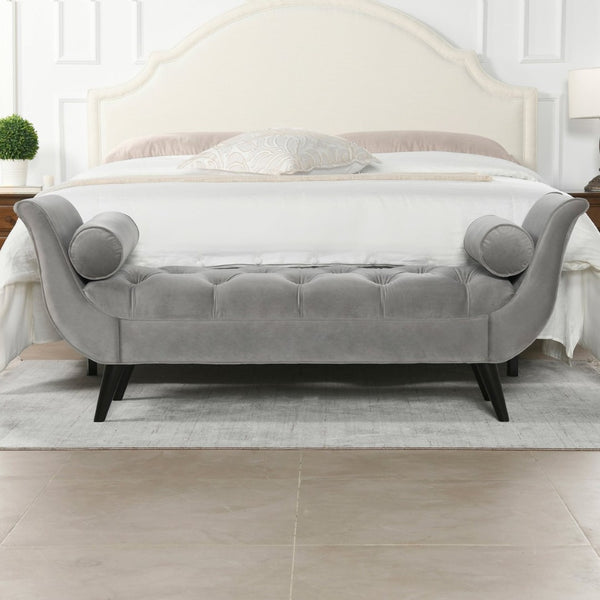 English Elm Alma Velvet Tufted Entryway Bench with Flared Arms and Bolster Pillows Included Gray B2719P238451