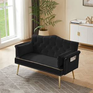 English Elm Black Velvet Loveseat Sofa - Compact 2-Seater Velvet Couch with Metal Legs, Easy Assembly, Durable Comfort W588P340030