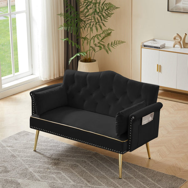 English Elm Black Velvet Loveseat Sofa - Compact 2-Seater Velvet Couch with Metal Legs, Easy Assembly, Durable Comfort W588P340030