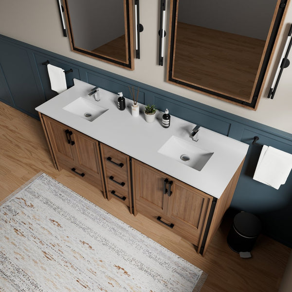 English Elm Rustic Barnwood Double Bath Vanity 80" W with White Quartz Top, Soft-Close Storage & 30" Mirrors B2731S00918