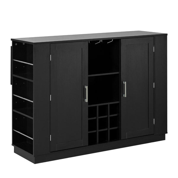 English Elm U_style Compact Kitchen Island with Drop Leaf Power Outlet Wine Rack Stemware Storage Black N711P437715B
