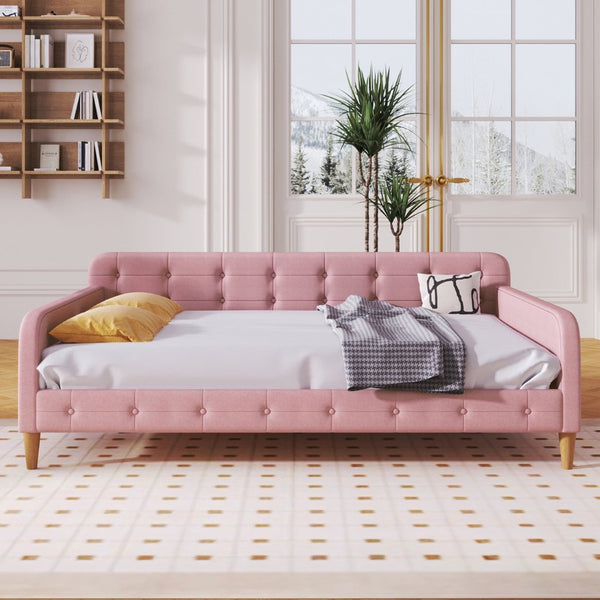 English Elm Full Size Linen Tufted Daybed with Pine Frame for Living or Guest Room Pink DL001825AAH-1
