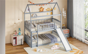 English Elm Twin Over Solid Wood House Bunk Bed with Built-in Slide and Gray Finish LT100213AAE-1