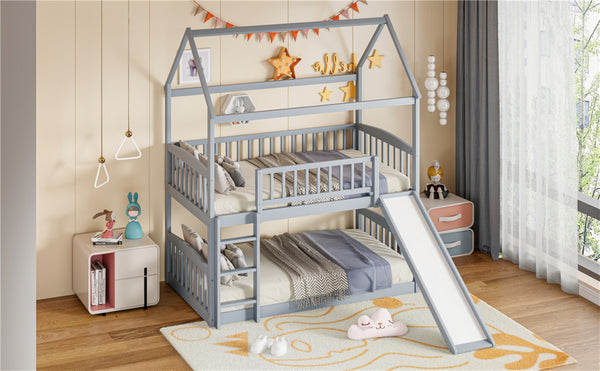 English Elm Twin Over Solid Wood House Bunk Bed with Built-in Slide and Gray Finish LT100213AAE-1