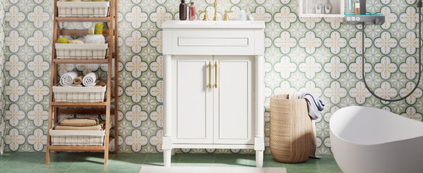 English Elm 24" Bathroom Vanity with Integrated Ceramic Sink and Adjustable Shelf, Vintage Hardware, Space-Saving Design White N710P277711K