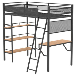 English Elm William Twin Loft Bed with Built-in Desk and Shelves Industrial Steel Frame B062S01720