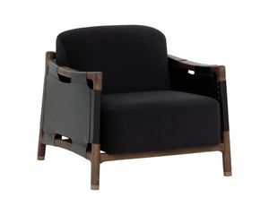 Sunpan CALLOWAY Lounge Chair - Antique Brown Oak Frame with Onyx Leather & Italian Straps for Timeless Style 112133