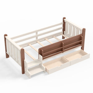English Elm Twin Pine Floor Bed with Guardrails Built-in Bookcases and Stair Steps for Kids Beige W1580P430199