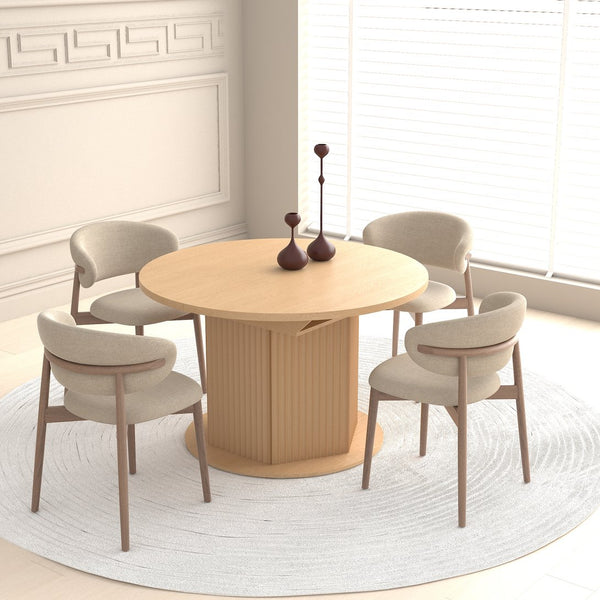 English Elm Round Adjustable Dining Table 47–63" for 4–6, Light Brown MDF & Rubberwood, Bump-Texture Base, 300lb Capacity W1347P296655