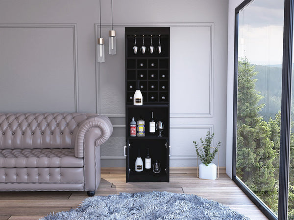 English Elm Kava 71" Bar Cabinet with Concealable Serving Tray, 16 Bottle Cubbies, 12 Glass Rack, Black Finish B200S00104