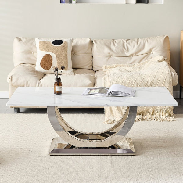 English Elm 50.4 Inch Rectangular Coffee Table Marble Mdf Top Sculptural Steel Arc Base Modern W3357P395502