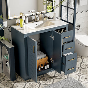 English Elm 36'' Bathroom Vanity with Ceramic Sink Combo Solid Wood Frame Soft-Closing Drawers Ample Storage Elegance Blue N710P243327C