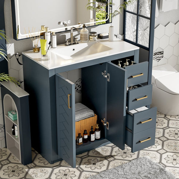 English Elm 36'' Bathroom Vanity with Ceramic Sink Combo Solid Wood Frame Soft-Closing Drawers Ample Storage Elegance Blue N710P243327C