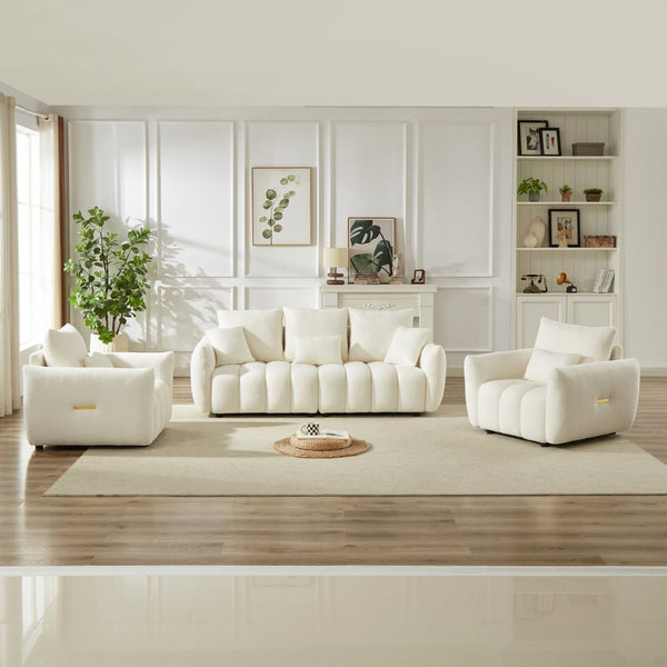 English Elm 3 Piece Teddy Fleece Sofa Set with Two Armchairs Cozy Apartment Living Room Seating Beige W1193S00181