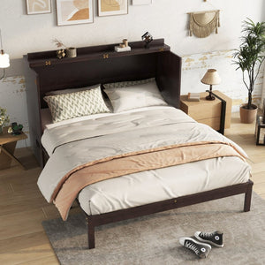 English Elm Queen Size Murphy Bed – Elegant Pine Wood Cabinet With Power Station & Rattan Accents, Espresso Finish W504S00235-GIGA