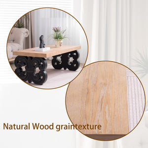 English Elm Black Scroll Base Coffee Table with Natural Wood Top, 47" Rectangular Modern Farmhouse Centerpiece, Ornate Carved Accent W2729P298231