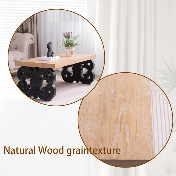 English Elm Black Scroll Base Coffee Table with Natural Wood Top, 47" Rectangular Modern Farmhouse Centerpiece, Ornate Carved Accent W2729P298231