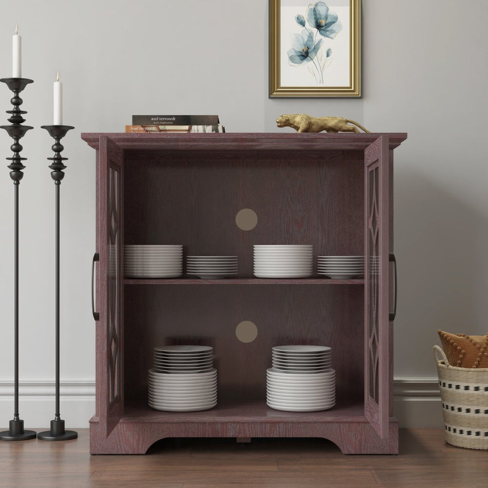 English Elm Elegant Mirrored Sideboard with Butterfly Carved Doors Wood Grain Finish Dining Storage Ox Blood Red W2899P372744