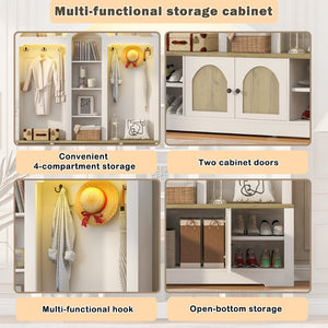 English Elm Multi-functional Hall Tree with Mdf Body Open Shelves Hooks and Scandinavian Two-tone Style White+Walnut SJ000158AAK