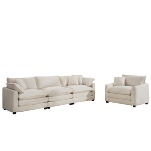 English Elm Mid-Century Modern 2-Piece Sofa Set: Stylish 3-Seater And Accent Chair In Soft Light Beige Corduroy W714S00776