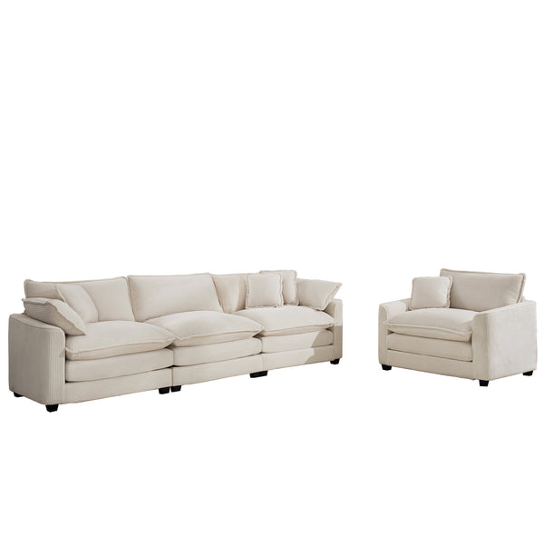 English Elm Mid-Century Modern 2-Piece Sofa Set: Stylish 3-Seater And Accent Chair In Soft Light Beige Corduroy W714S00776