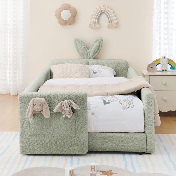 English Elm Twin Boucle Upholstered Kids Bed Whimsical Rabbit Ear Headboard with Safety Rail Cyan W1413P407489