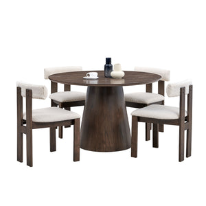 English Elm (1 Table With 4 Chairs)Wooden Dining Table Set, Modern Round Mdf Kitchen Table and Boucle Upholstered Dining Chairs For Dining Room, Kitchen, Saving Space, Brown